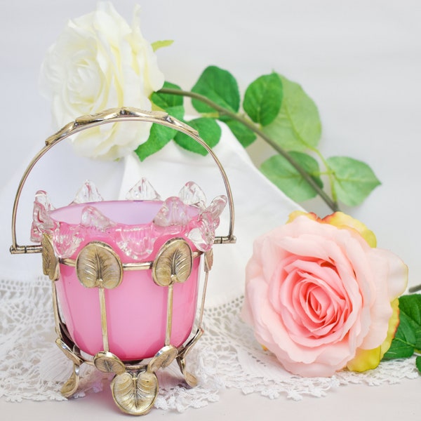 Art Nouveau Silver Plated Sugar Basket, Pink Cased Glass Liner, c 1900