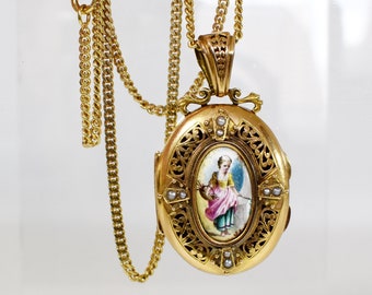 A Fine French Victorian 18ct Gold, Handpainted Minature Pendant Locket, c 1860-80