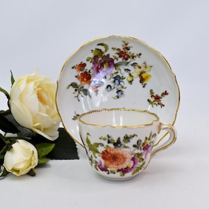 Fine Meissen Porcelain Demitasse Cup and Saucer, Dresden Flowers, Circa 1880–1900