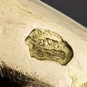 May include: Close-up of a gold-colored object with a textured surface. A raised, gold-colored emblem in the shape of a stylized bird or dragon is affixed to the object. The background is a dark, neutral tone.
