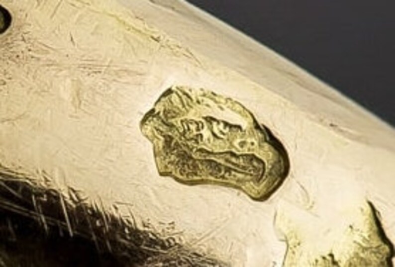 May include: Close-up of a gold-colored object with a textured surface. A raised, gold-colored emblem in the shape of a stylized bird or dragon is affixed to the object. The background is a dark, neutral tone.