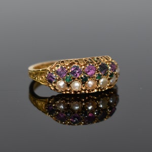 Antique Victorian 15 ct Gold Pearl Amethyst and Emerald Cluster Ring, Birmingham, 1876