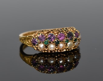 Antique Victorian 15 ct Gold Pearl Amethyst and Emerald Cluster Ring, Birmingham, 1876