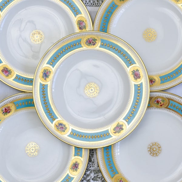 Brown Westhead, Moore Set of 6 Plates, Turquoise & Flowers on Gold, c.1865