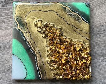Resin Art Geode - Hanging Wall Art - BLACK, GREEN + GOLD 1