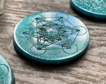 AQUA BLUE Orgonite® Metatrons Cube Mini Disc EMF Shield - Astrological Zodiac Spiritual Gift House Warming Decor Altar