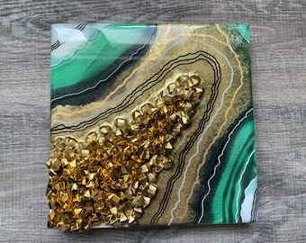 Resin Art Geode - Hanging Wall Art - BLACK, GREEN + GOLD 2