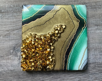 Resin Art Geode - Hanging Wall Art - BLACK, GREEN + GOLD 3