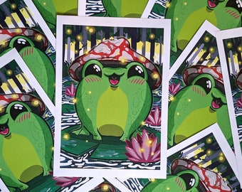 FROGGO! A3 print - frog, toad, toadstool, mushroom, firefly, humour, character design, digital art, wall art, art print, illustration, art