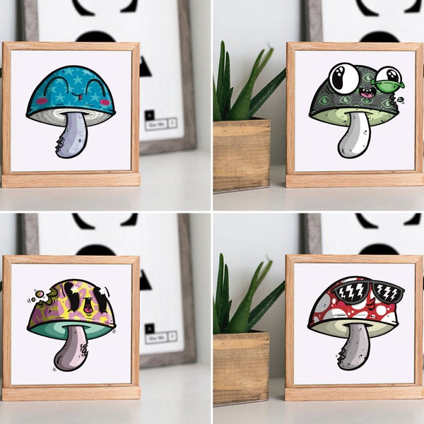 Funguys square prints - kawaii, art print, mushroom, funghi, cartoon, nature, art print, limited art, print set, trippy, gift ideas