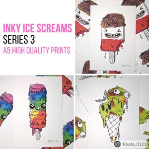 May include: Four A5 high quality prints of colorful ice cream illustrations. The prints feature a rainbow ice cream, a red and white ice cream, a green ice cream with a cone, and a green ice cream with a waffle cone. The prints are titled "Inky Ice Screams Series 3".