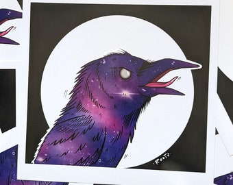 GALAXY RAVEN square print - cartoon, space, bird, raven, crow, character design, digital art, tattoo, art print, illustration