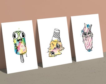 Ice Scream (series 2) mini prints - pack of 3, kawaii, ink, ice cream, gelato, cute, cartoon, summer, characters, wall art, prints, postcard