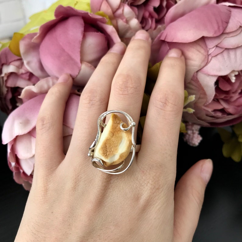 Genuine Baltic Amber Ring Silver Ring Amber Milk Amber Adjustable Ring Braided Gemstone Butterscotch toffee amber