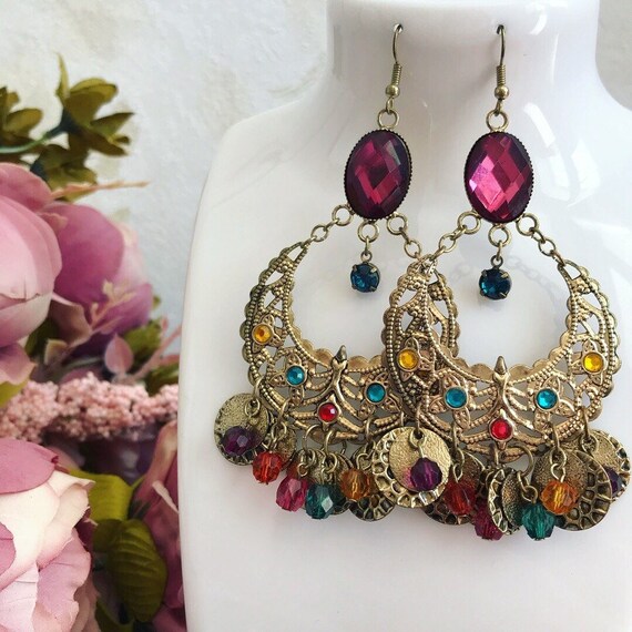 Vintage earrings in Oriental style Long Earrings with Chains Costume jewelry for women