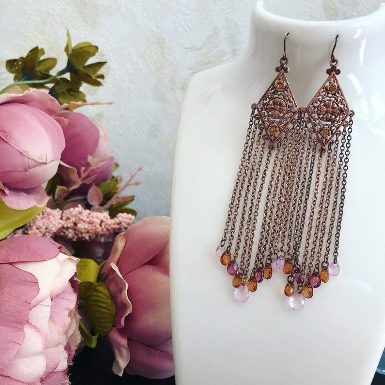 Vintage earrings in Oriental style Long Earrings with Chains Costume jewelry for women