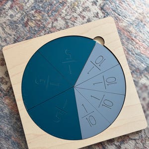 Puede incluir: Un círculo de madera dividido en secciones con fracciones escritas en cada sección. Las secciones están pintadas en tonos de azul y gris. Las fracciones son 1/5, 1/5, 1/10, 1/10, 1/10, 1/10, 1/10, 1/10.