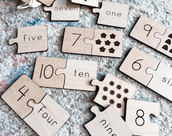 Number Matching | Number & Word Learning Puzzles | Montessori Homeschool Preschool | Laser Engraved Wood | Educational