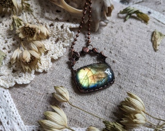 Moonphase Rectangle Labradorite | Copper Electroformed Jewellery | Crystal Necklace [30080]