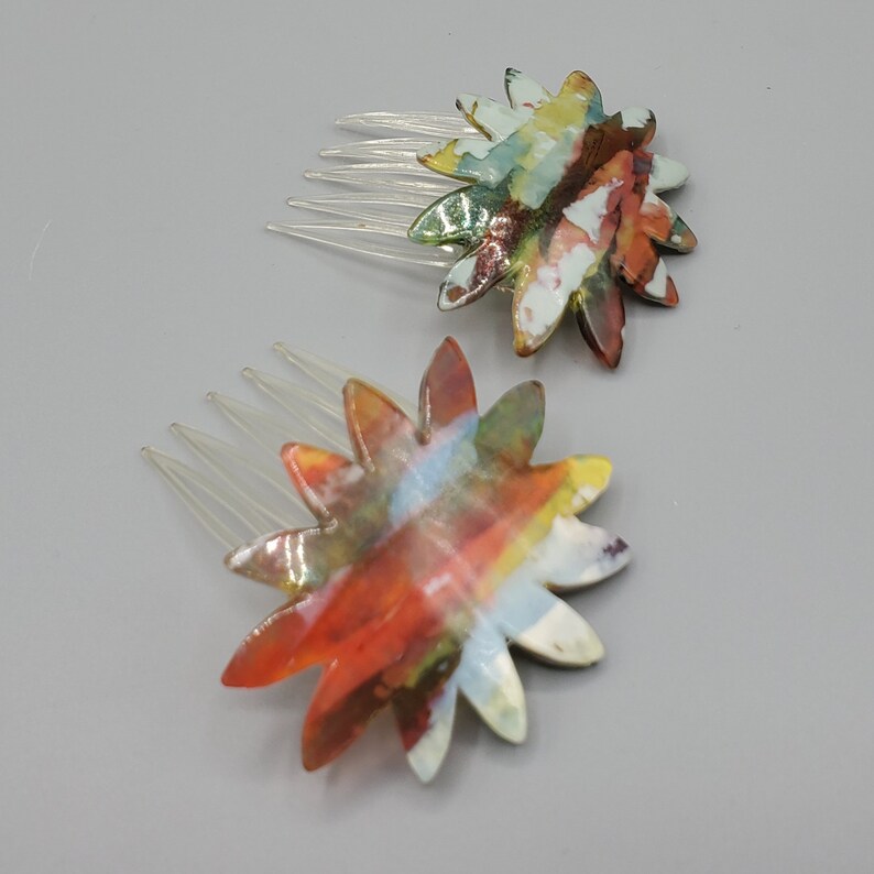 Two 1970s French Earth Tone Color Abstract Floral Lucite Brown Hair Slide Combs