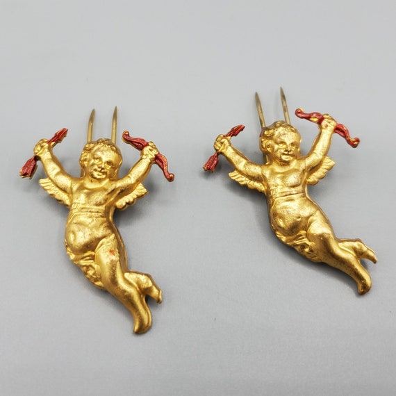 1930s Unsigned Set Two Vintage Brass Red Enamel Cu