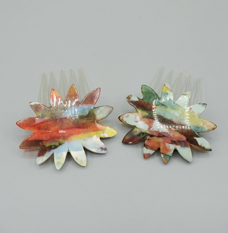 Two 1970s French Earth Tone Color Abstract Floral Lucite Brown Hair Slide Combs