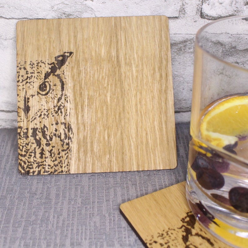 Owl coaster set  set of 2 on Scottish oak veneer  owl gifts image 0