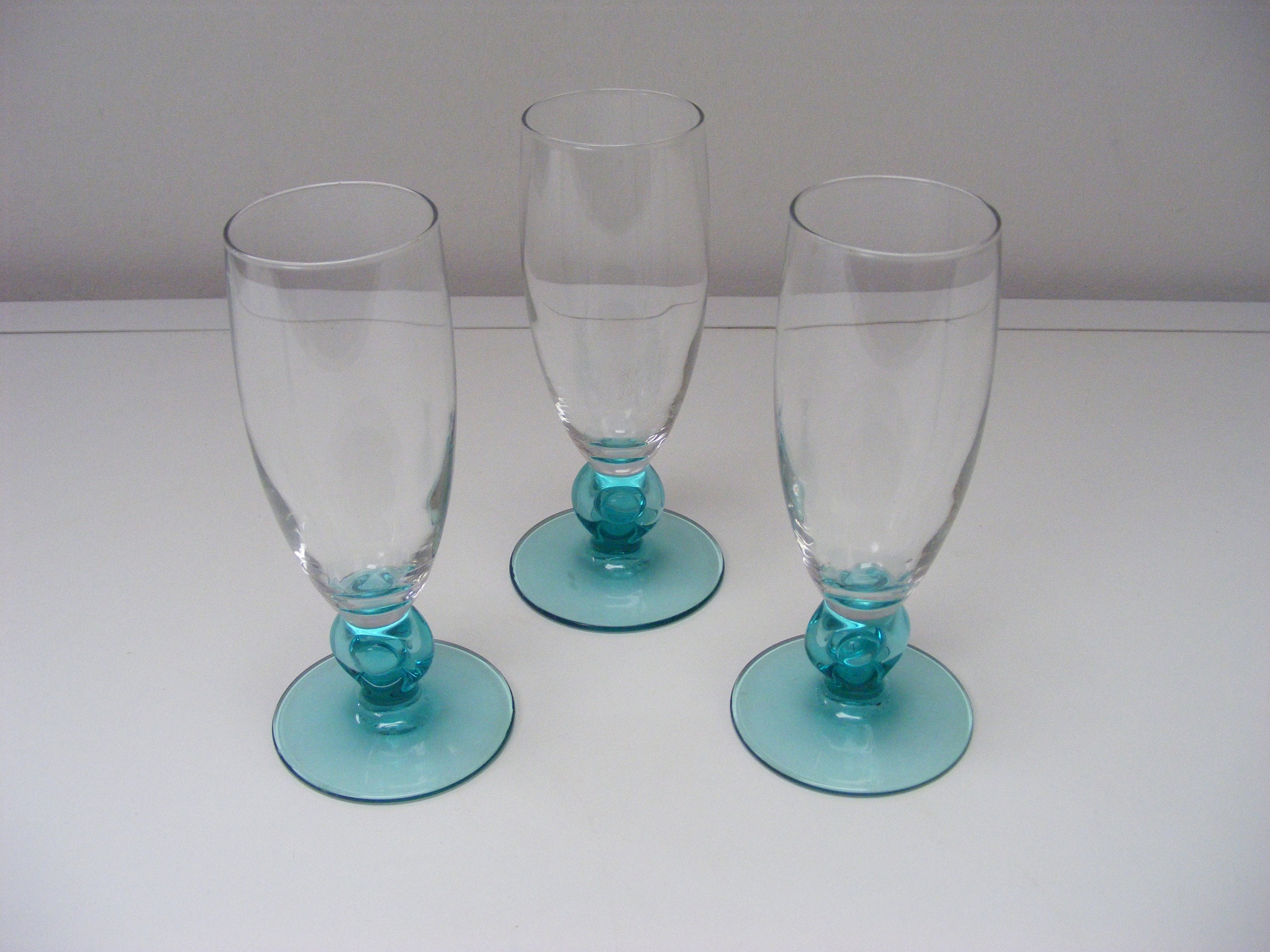 Luminarc, Sparkling Wine/Champagne Flutes, Set Of Three, Greenish/Turquoise Stems, Années 1970