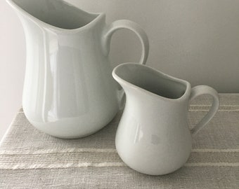 Apilco Jugs, Two, One larger Milk, Water or Juice Jug, One smaller Creamer, French Vintage Whiteware, Excellent Condition