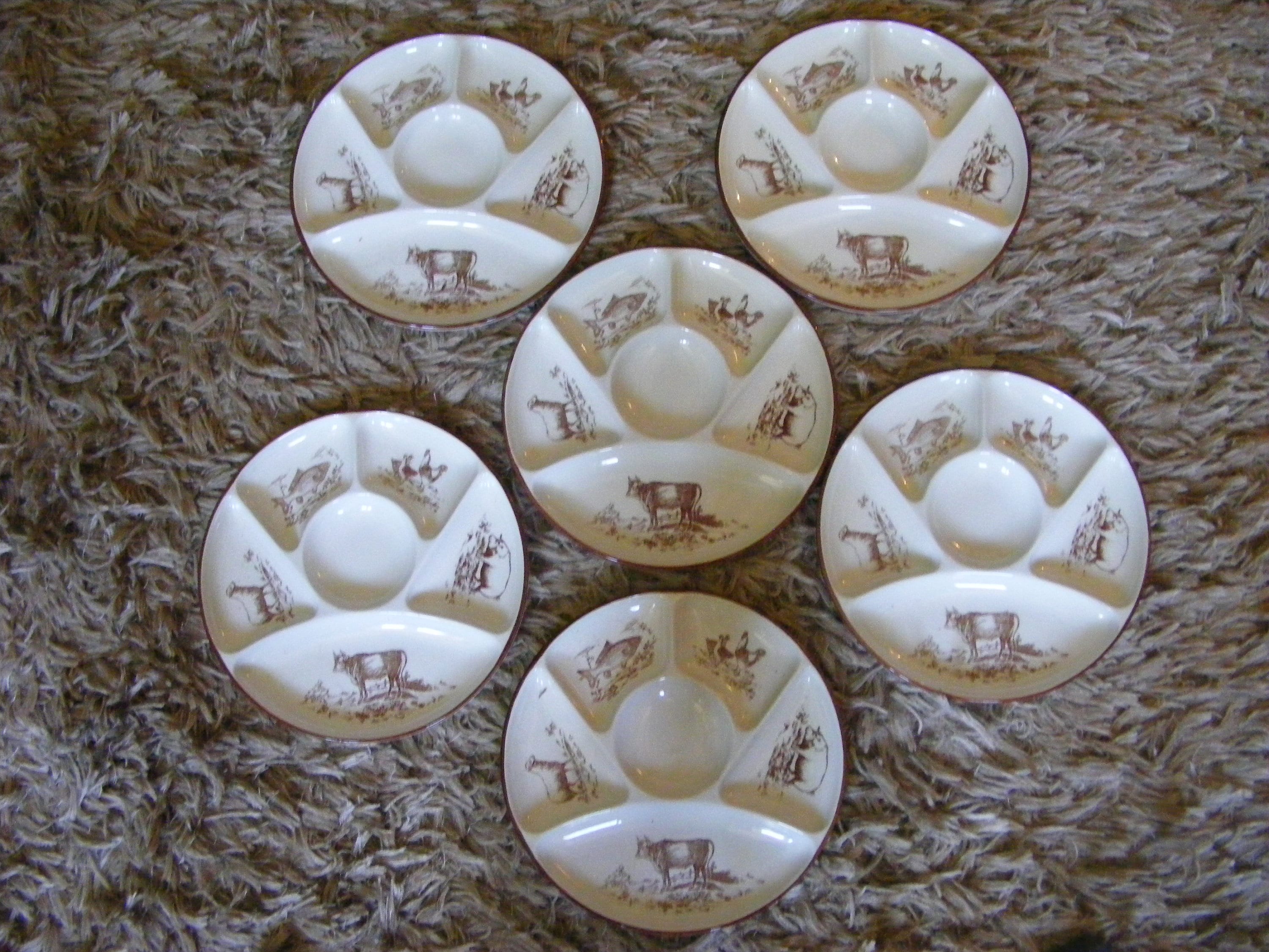 Gien Fondu/ Appetiser/Hors d'oeuvres Plates, Set Of Six, Animal Scenes, Années 1970