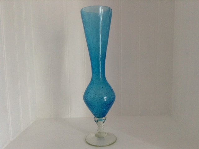 Vase en Verre Crépitant, Bleu, Vintage, Années 1960, Clear Glass Twisted Foot