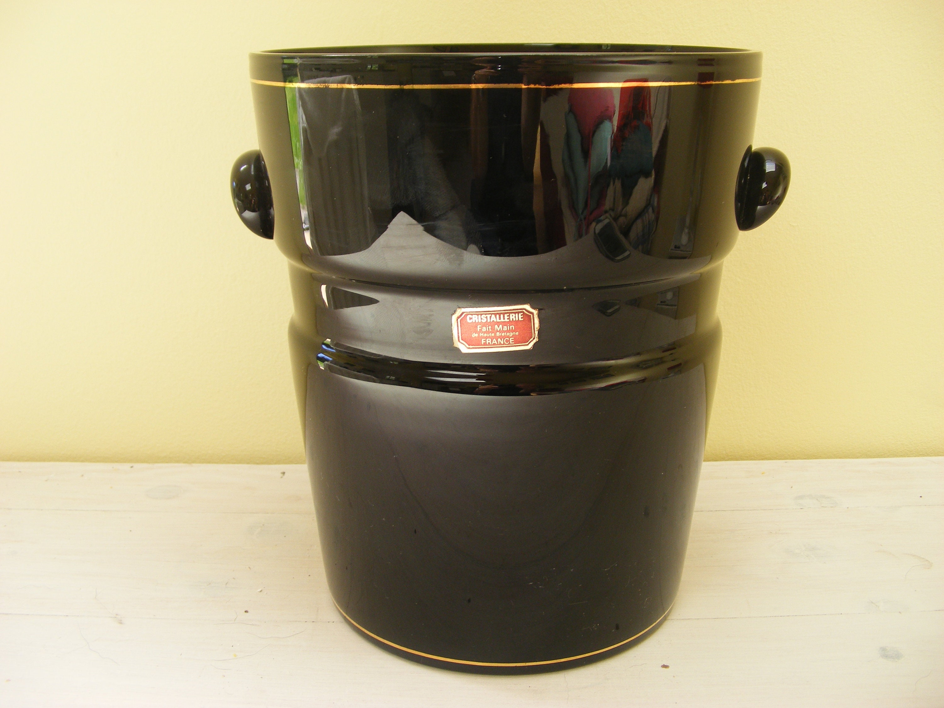 Français Vintage Black Glass Ice Bucket/Champagne Cooler, Cristallerie