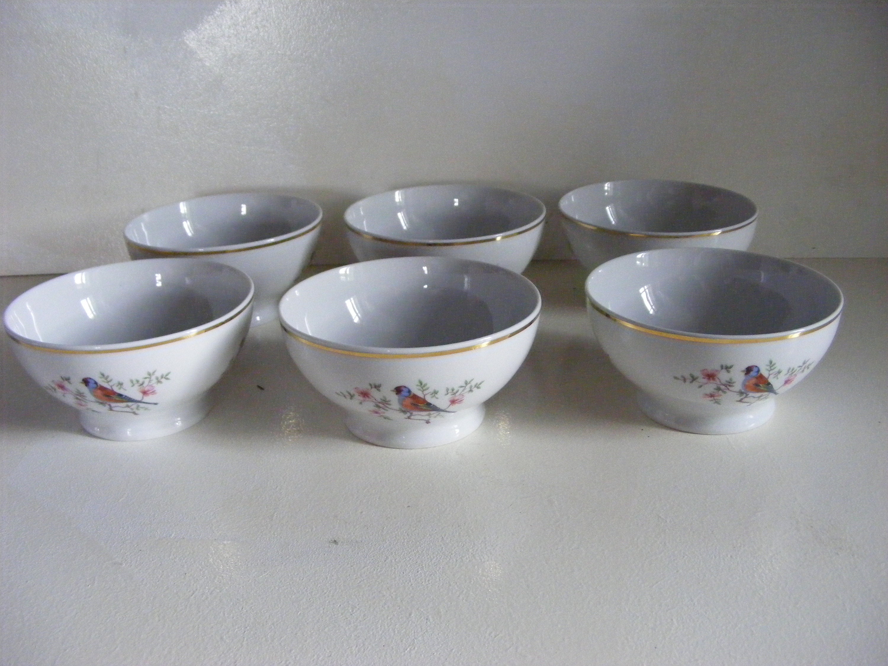 Apilco Cafe Au Lait Grand Bowls, Set Of Six, Bird Pattern, Années 1950