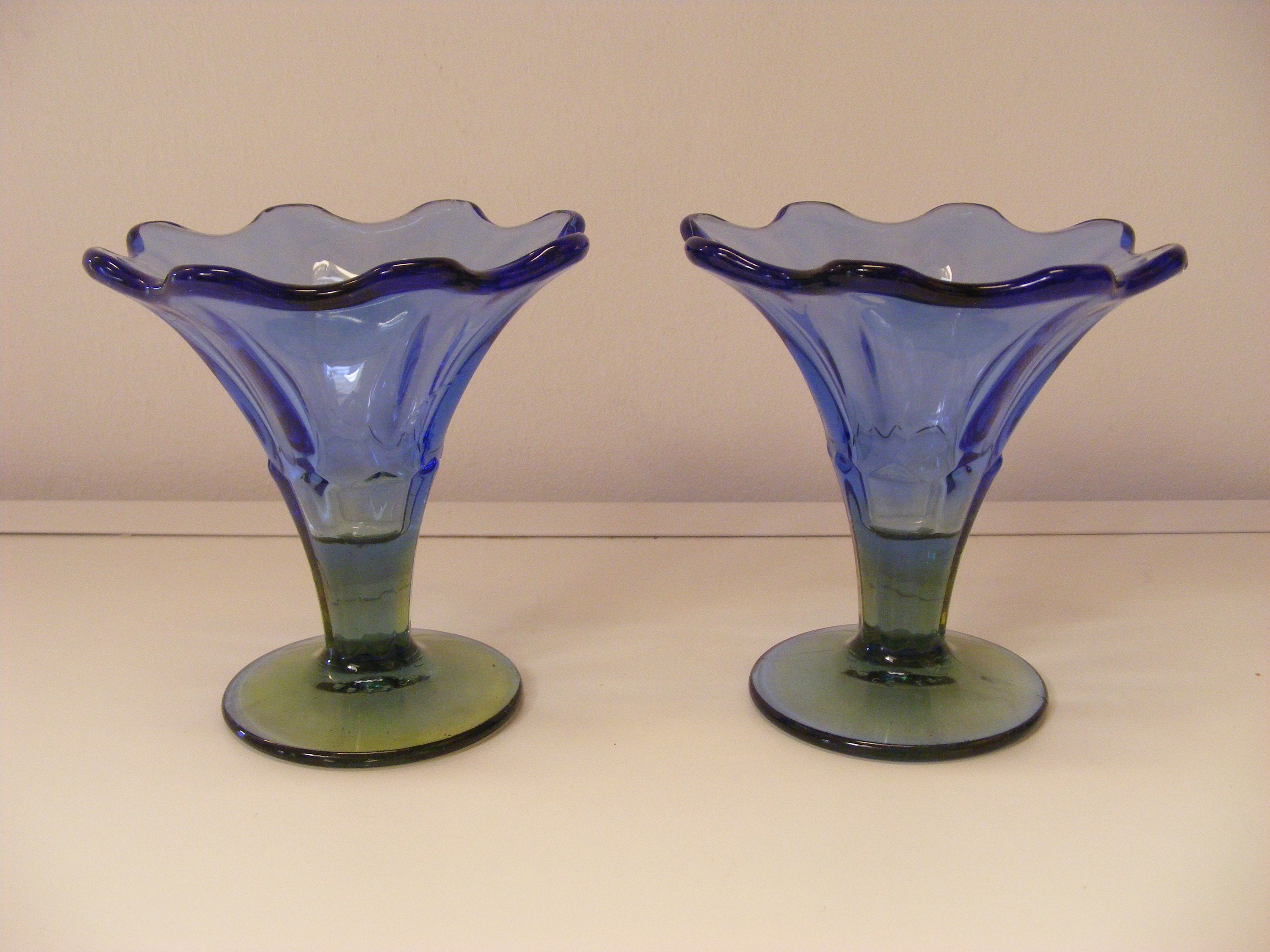 La Rochere, Coupes A Glaces, Paire, Bleu sur Vert, Top Cannelé, 1970