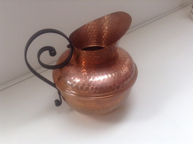 Cruche en Cuivre à Poignée de Fer Forgé - Villedieu, Français Millésime, Années 1960, Marqué Gaur su