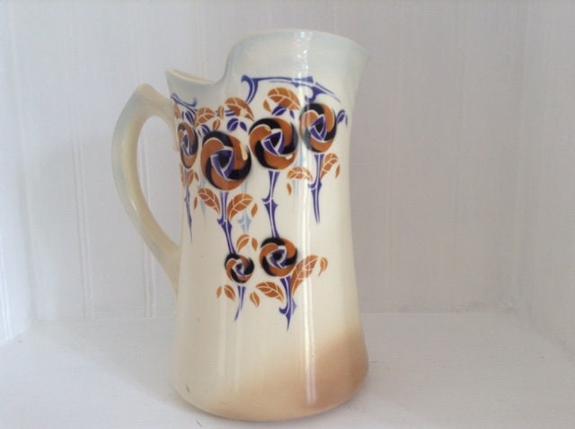 Moulin Des Loupes Pitcher/Jug, Français Vintage, Crème, Bleu, Noir/Brun Floral, Années 1930