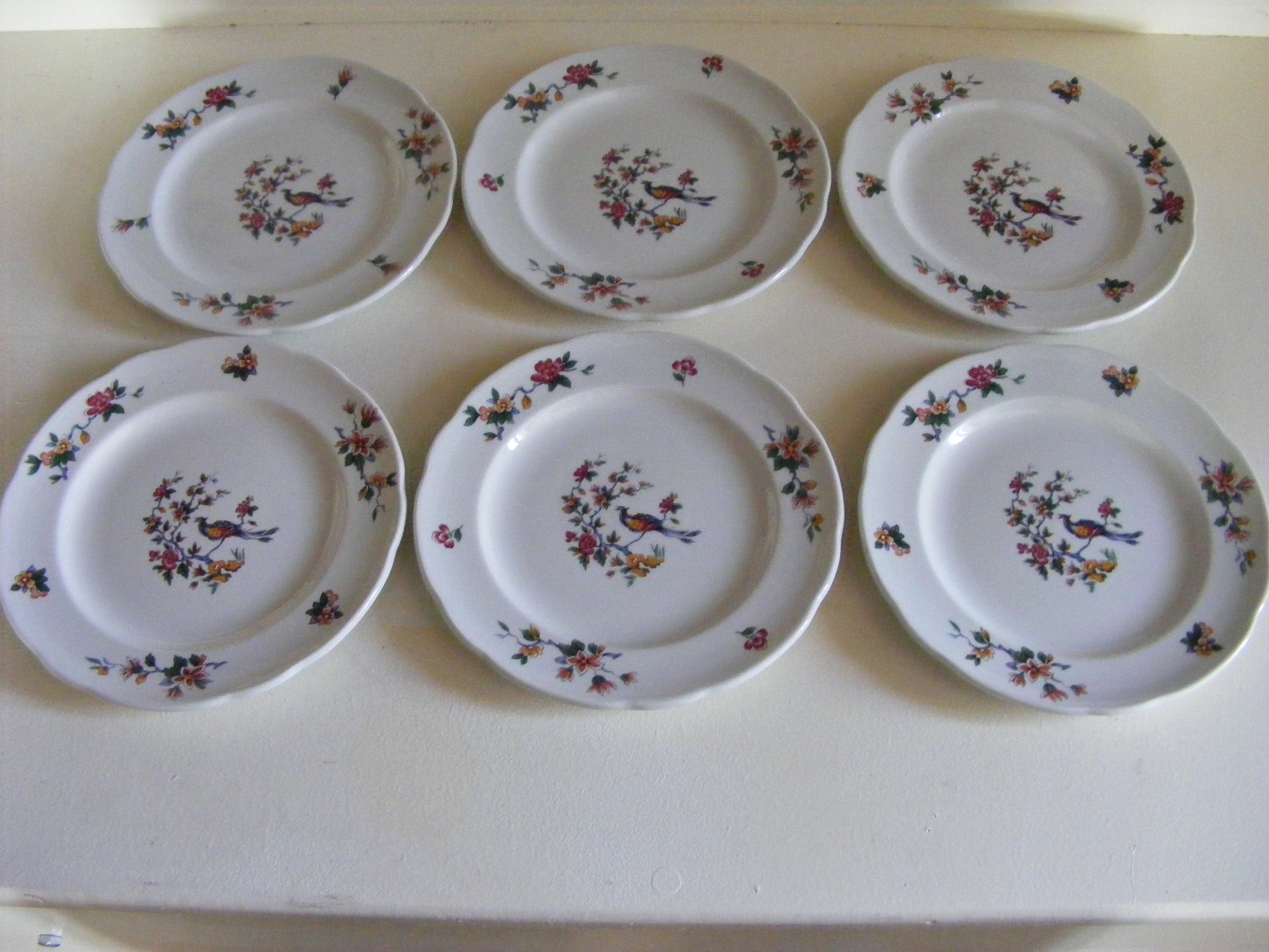 Sarreguemines "Pyroblan" Dessert Plates Set of Six, "Bird of Paradise" Design