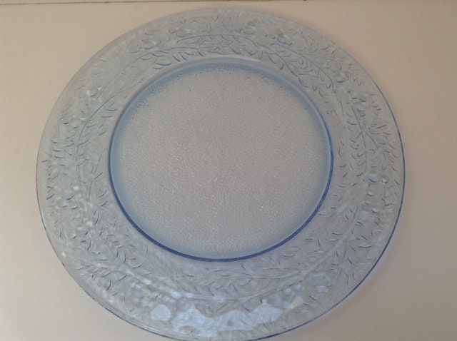 Français, Assiettes, 6 Verre Épais Teinté Bleu, Bordure à Motifs de Feuilles, Fabuleux, Millésime Fr