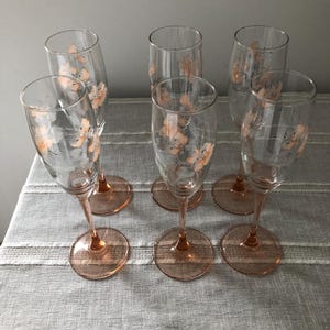 Luminarc Champagne Flutes, Six, Pink Stems, Pink Floral Design, French Vintage, Beautiful