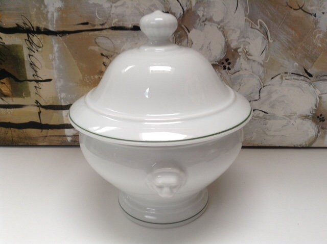 French Vintage, Apilco Large Soup Tureen, Lidded, Lion's Head Handles, Specifically Commissioned for a Chateau in France.