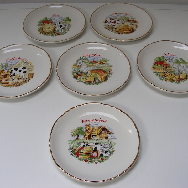 Moulin des Loups Cheese Plates, Set of Six, Illustrated, Two sets available, 1950's, Fabulous