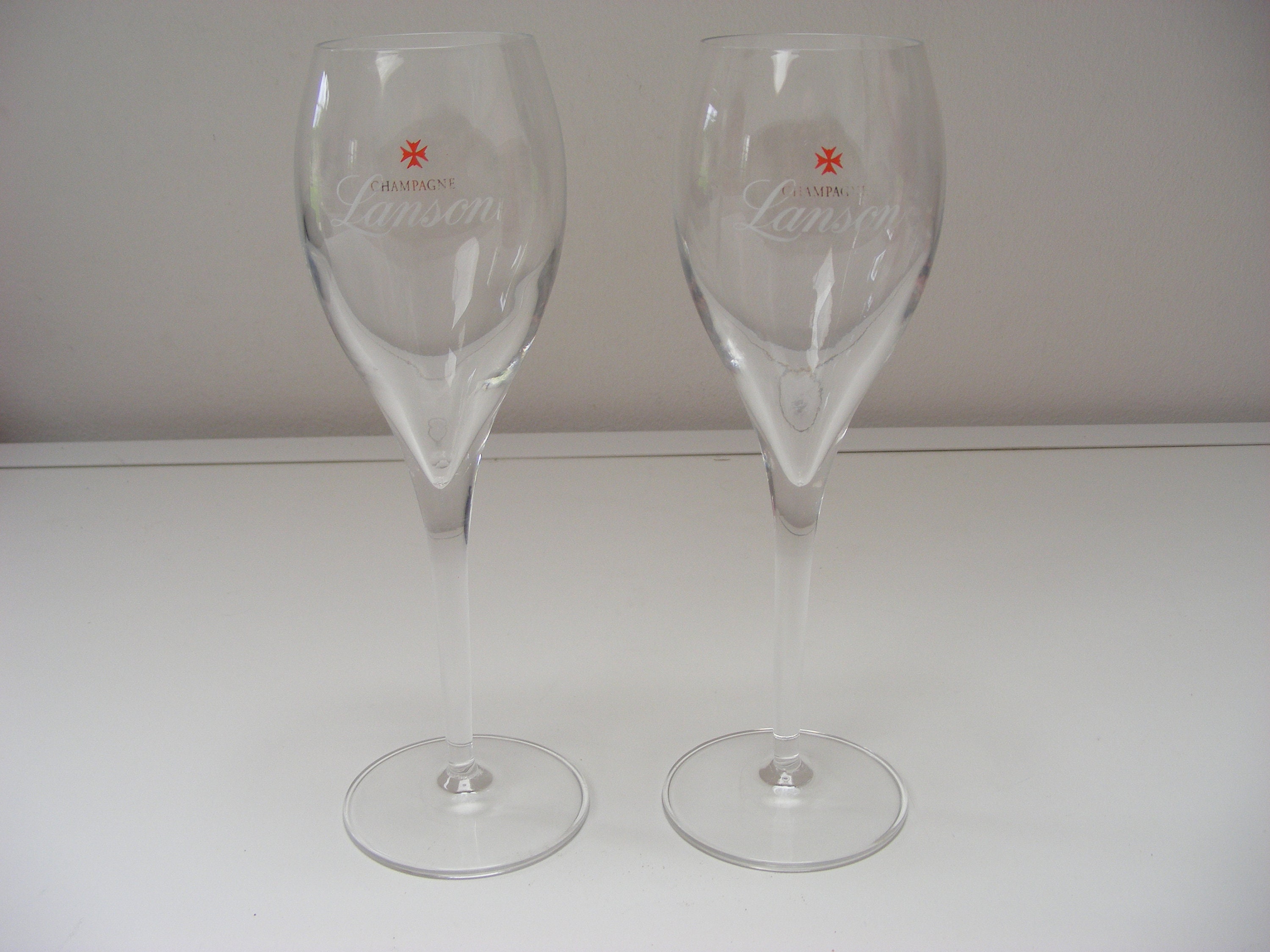 Flûtes à Champagne, Paire, Marquées de Lanson et Du Logo L'entreprise, Belles Français Verres Vintag