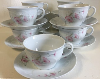Apilco French Vintage, Large Breakfast Tea, Coffee, Cups and Saucers. Set of Nine, Pretty Floral Pattern, Party, 1950&#39;s