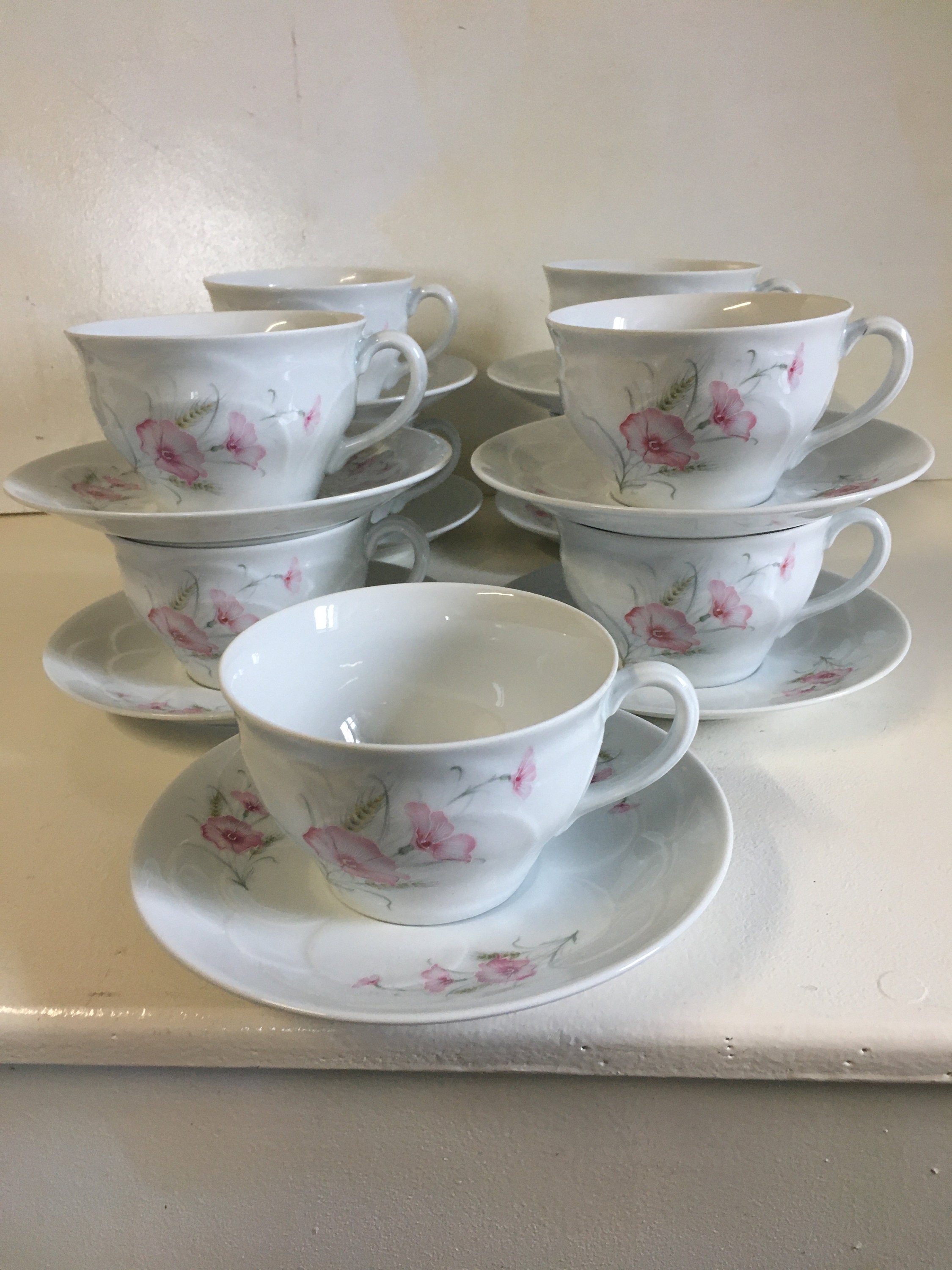 Apilco Grand Petit Déjeuner Thé, Café, Tasses et Soucoupes. Français, Vintage, Set Of Nine, Joli Mot