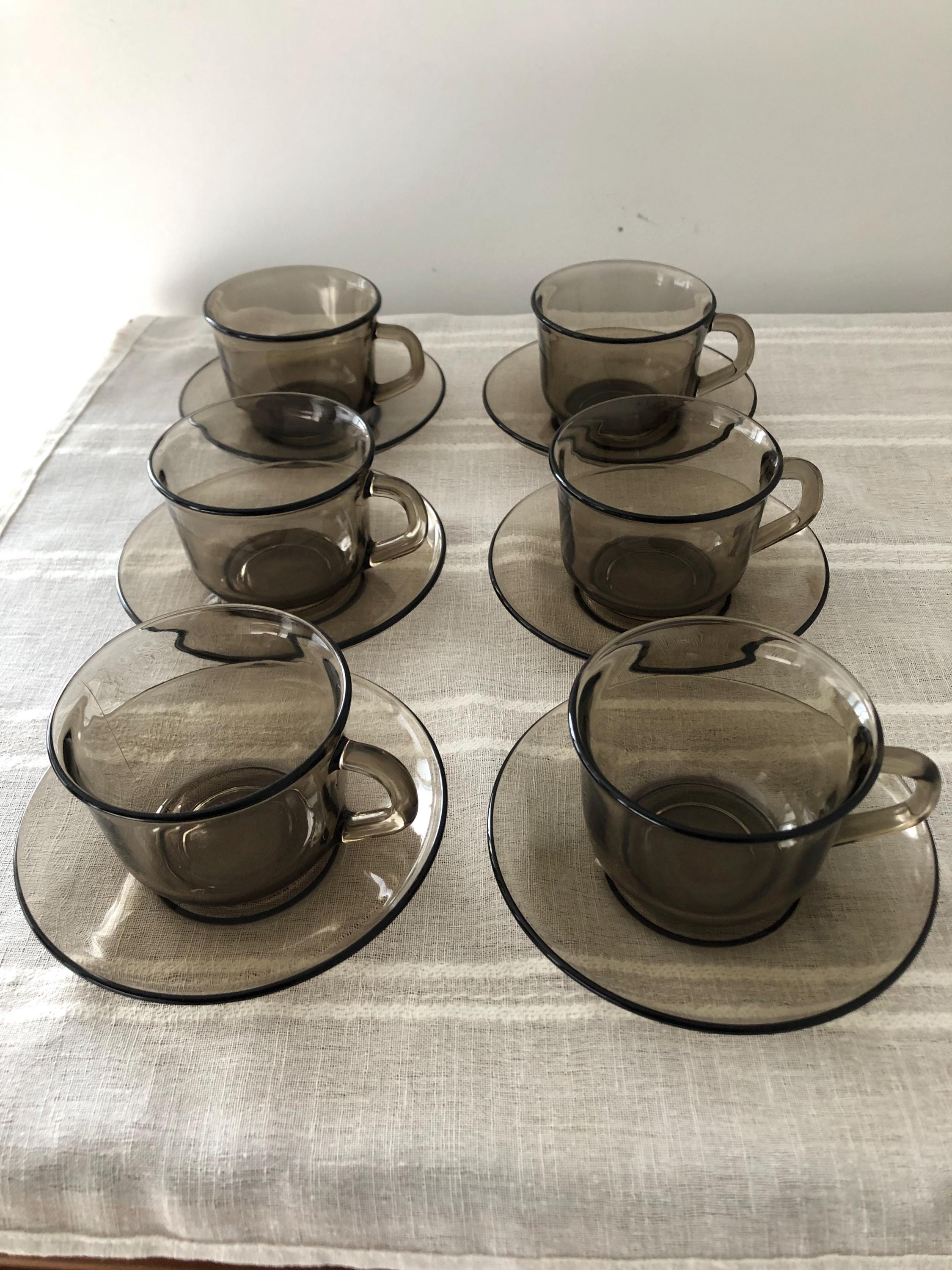 Arcoroc Smoked Glass Cups and Saucers, Set of Six, French