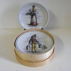 Set of Six &quot;Metiers du Vieux Paris&quot; Plates, Tradition CNP, France, Bamboo Presentation Box, 1970&#39;s