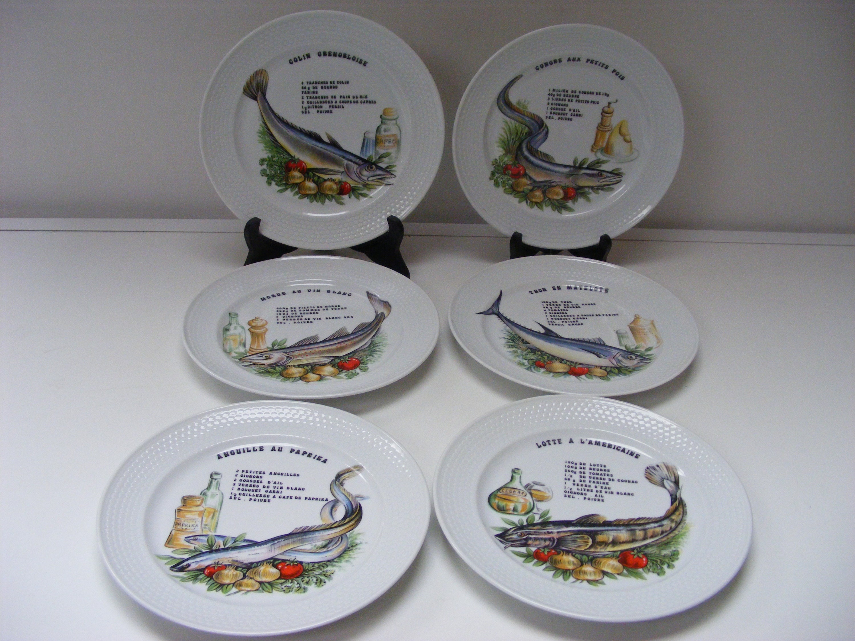 L'hirondelle Fish Plates, Recipe Themed, Set Of Six, Années 1970, Fabulous