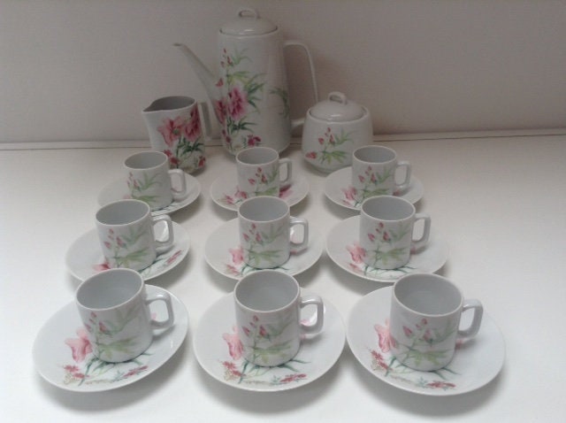 Service de Café Vintage Berry Haute - Pot, Sugar Bowl, Creamer, 9 Tasses/Soucoupes, Rétro, Français 