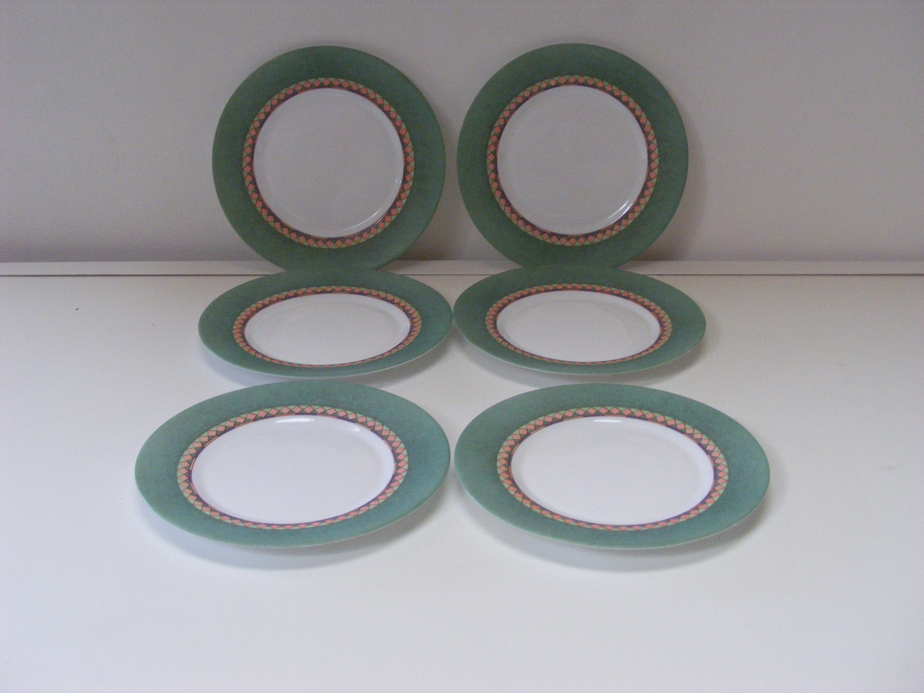 Plaques Latérales Arcopal, Diamants Verts/Orange, Années 1980, Ensemble de Six, Tasses Soucoupes Éga