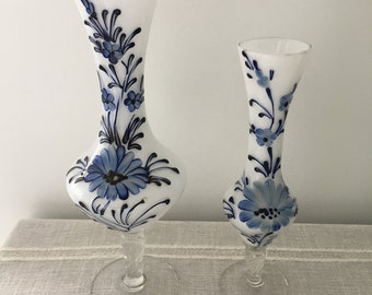 Opaline Vases Vintage, Pair, Matching, White, Navy Blue Enamel Decor, Fabulous!